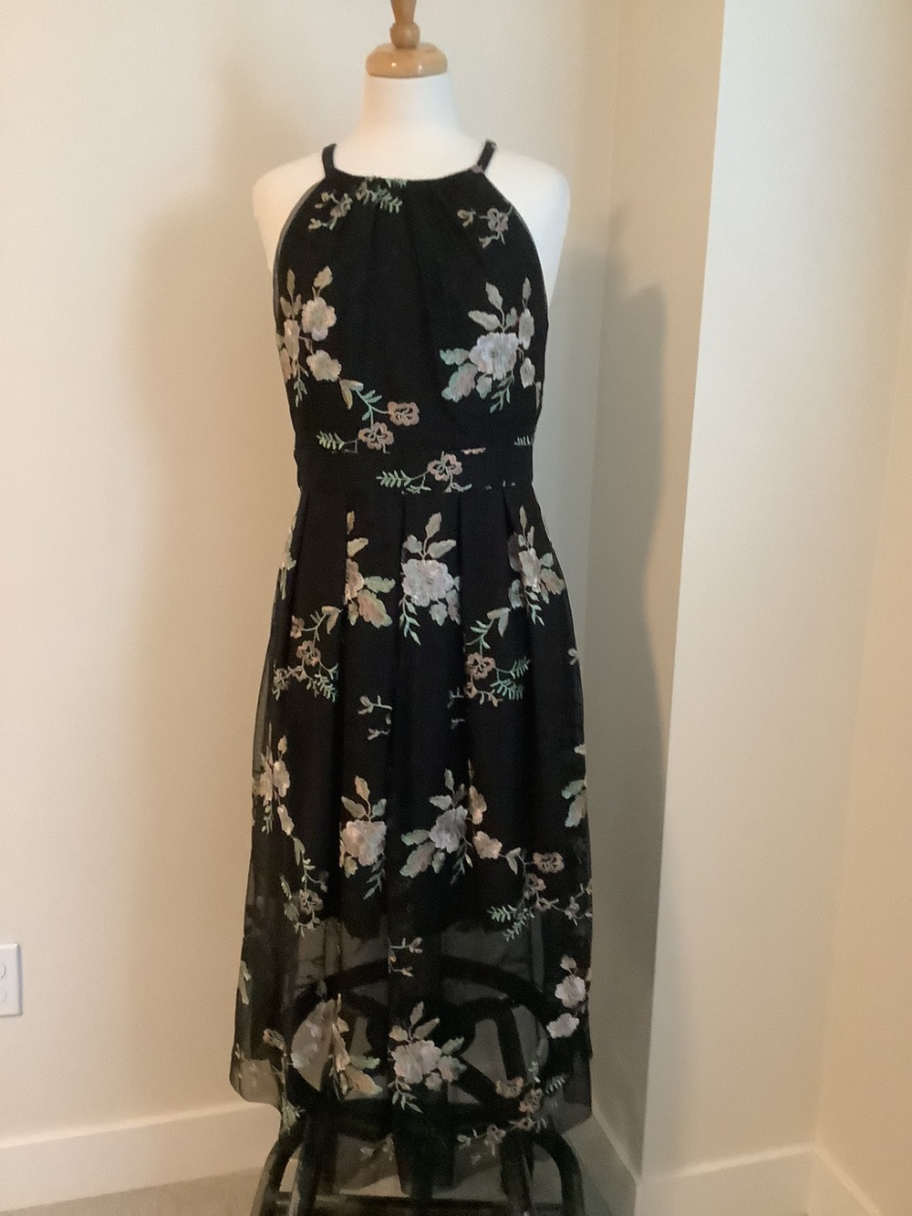 Vince Camuto Black Halter High-Low Dress with Pastel Floral Embroidery